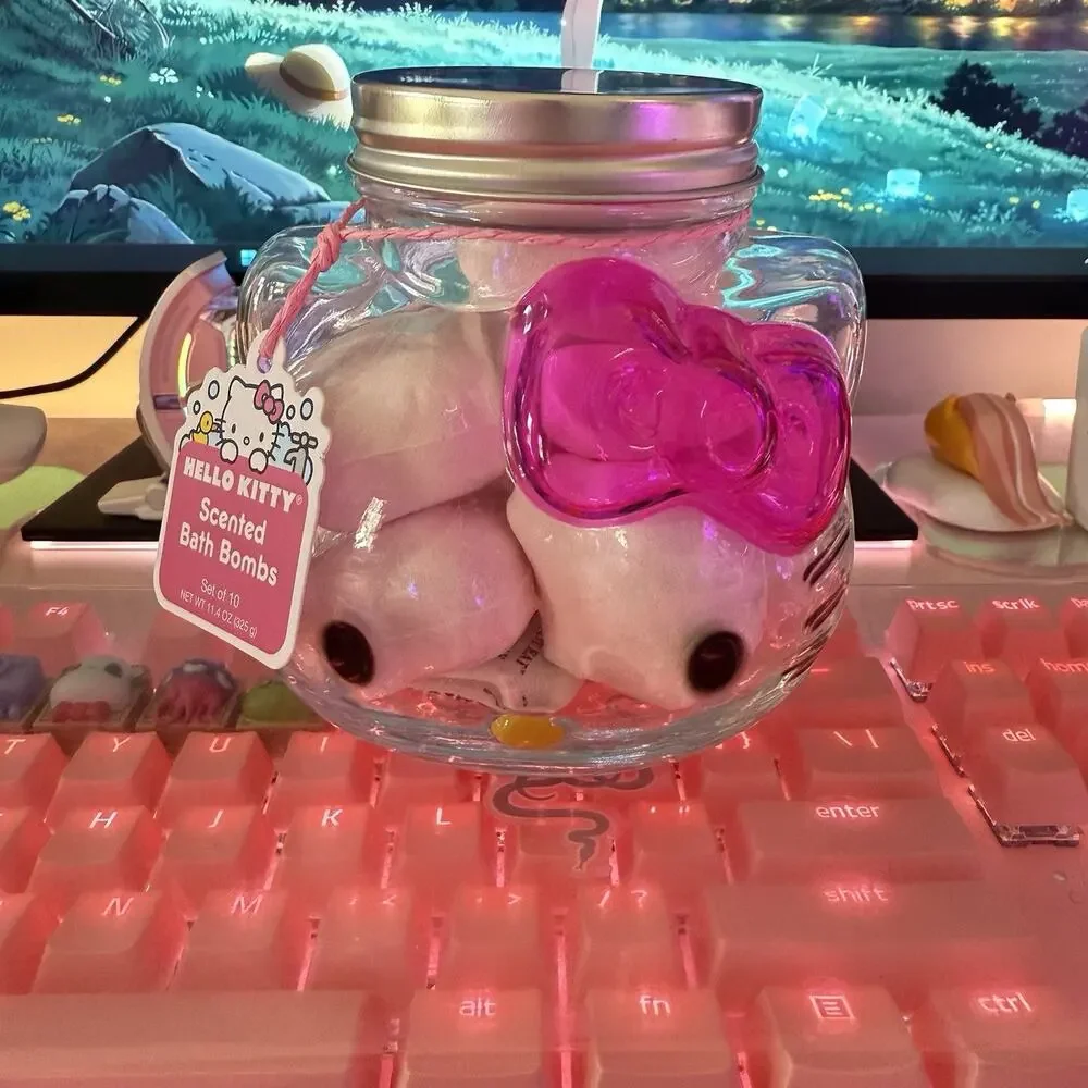 Hello Kitty Bath Bombs 10pc Glass Jar Lid Scented Strawberry 2025 Sanrio READ